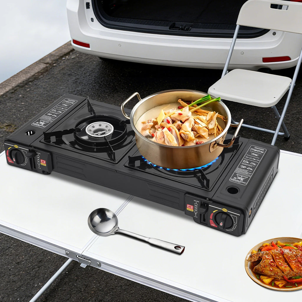 2-Burner Portable Camping Stove — 2500W Each, Butane/LPG, Piezo Ignition, Carry Case Included