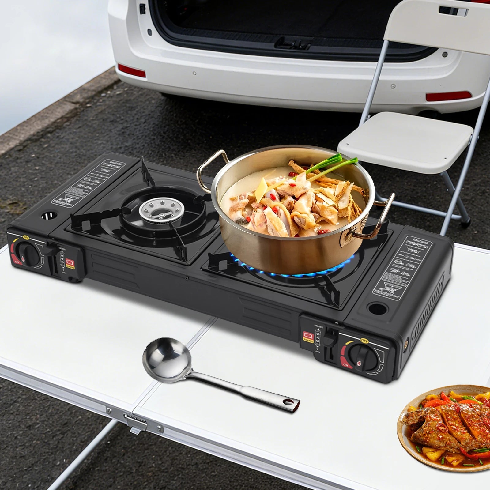 2-Burner Portable Camping Stove — 2500W Each, Butane/LPG, Piezo Ignition, Carry Case Included