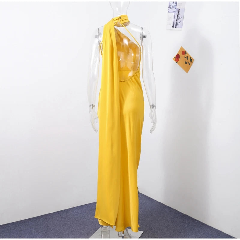 Sexy Satin Halter Backless Party Dress – Off Shoulder Sleeveless Solid Robe Gown 2026