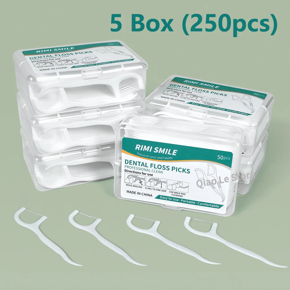 Clean Between Every Tooth. — Portable Disposable Dental Floss Picks | High-Tension Floss Sticks, 50pcs per Box, 1, 2, 3, 5 & 10 Box Options