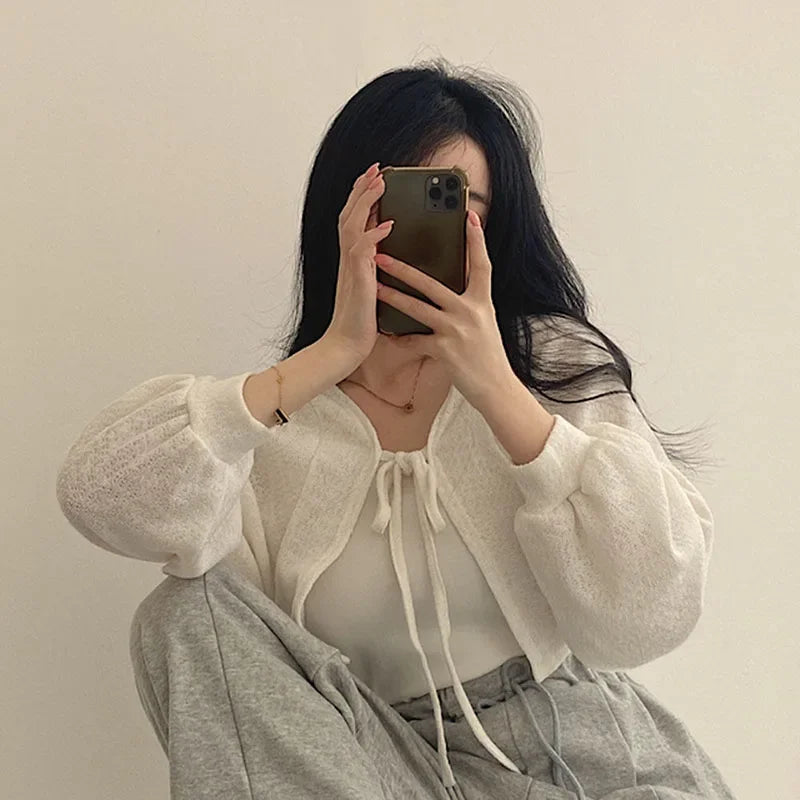Women's Knitted Cardigan – Thin Lace-Up Lantern Sleeve Short Coat in White, Black & Gray