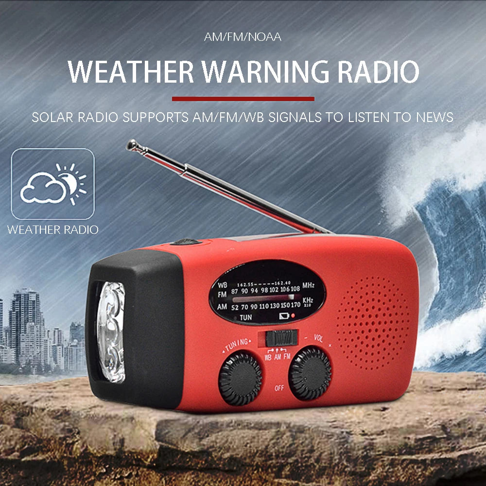 2000mAh Emergency Solar Radio — LED Light, FM/AM, USB Rechargeable Outdoor Survival Radio