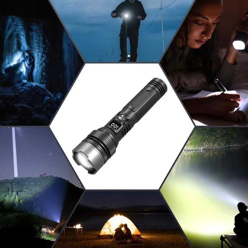 Lenovo Super Bright LED Flashlight – 2000 Lumen, USB-C, Digital Display, IPX8 Waterproof, Zoomable Camping Torch
