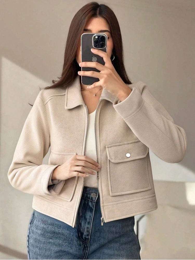 Women's Short Zip-Up Jacket Coat – Elegant Street Outerwear with Pockets