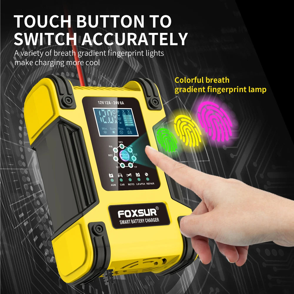 Foxsur Automatic Car Battery Charger 12V 12A – Digital Display Pulse Repair for Wet Dry Lead Acid Batteries