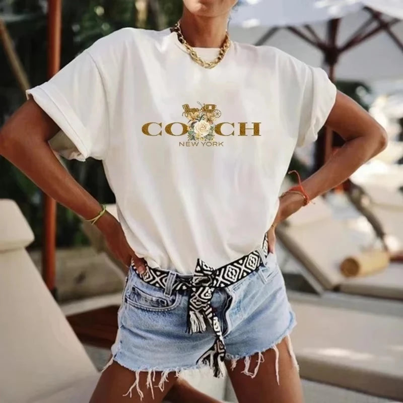 Women's Luxury Print O-Neck Short Sleeve T-Shirt – Hip Hop Alphabet Summer Top 2026