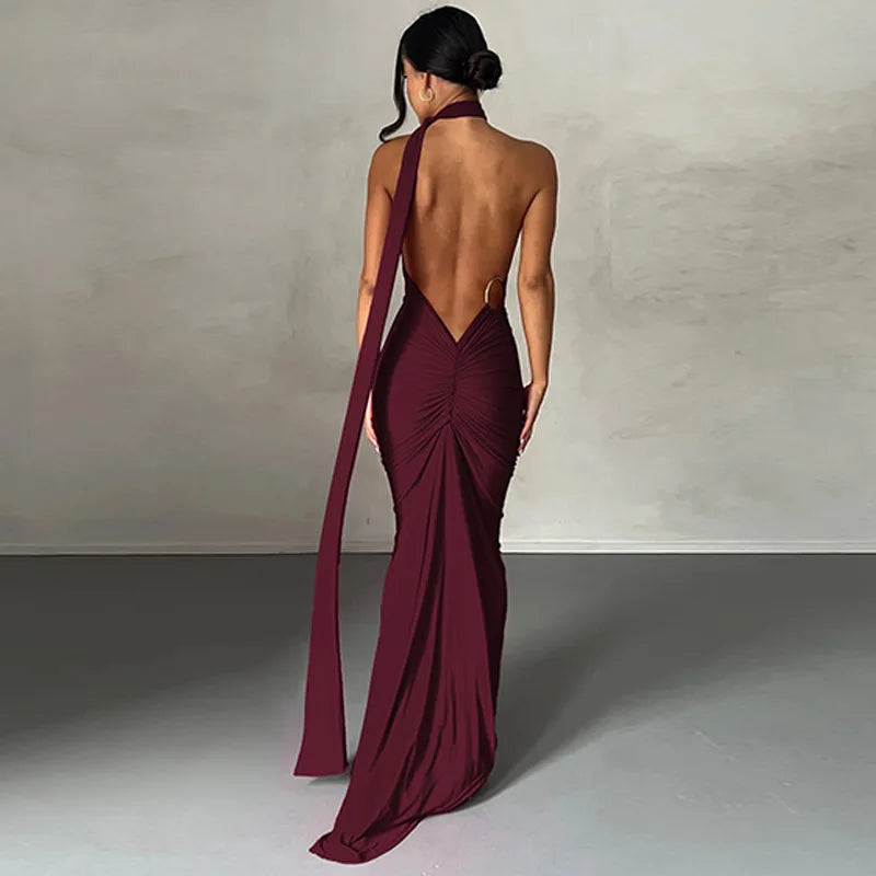 Backless Ruched Slim Bodycon Maxi Dress — Elegant Formal Wedding Guest Evening Dress