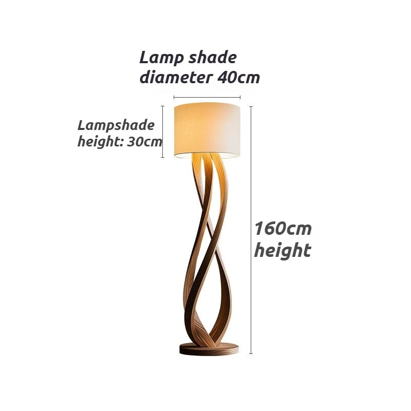 Wood Floor Lamp – Sculpted Base and Fabric Shade