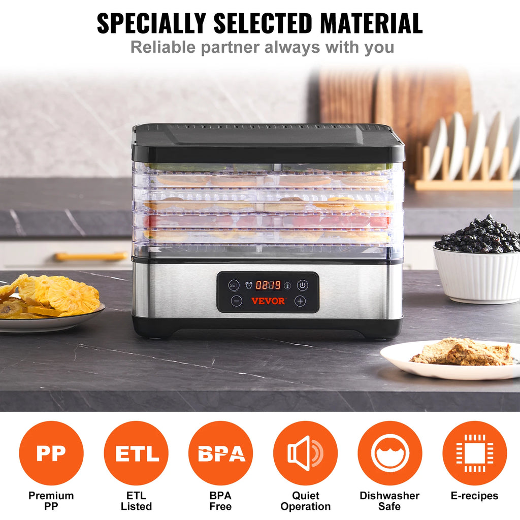 5-Tray Food Dehydrator 300W — Stainless Steel with Digital Timer & Adjustable Temperature