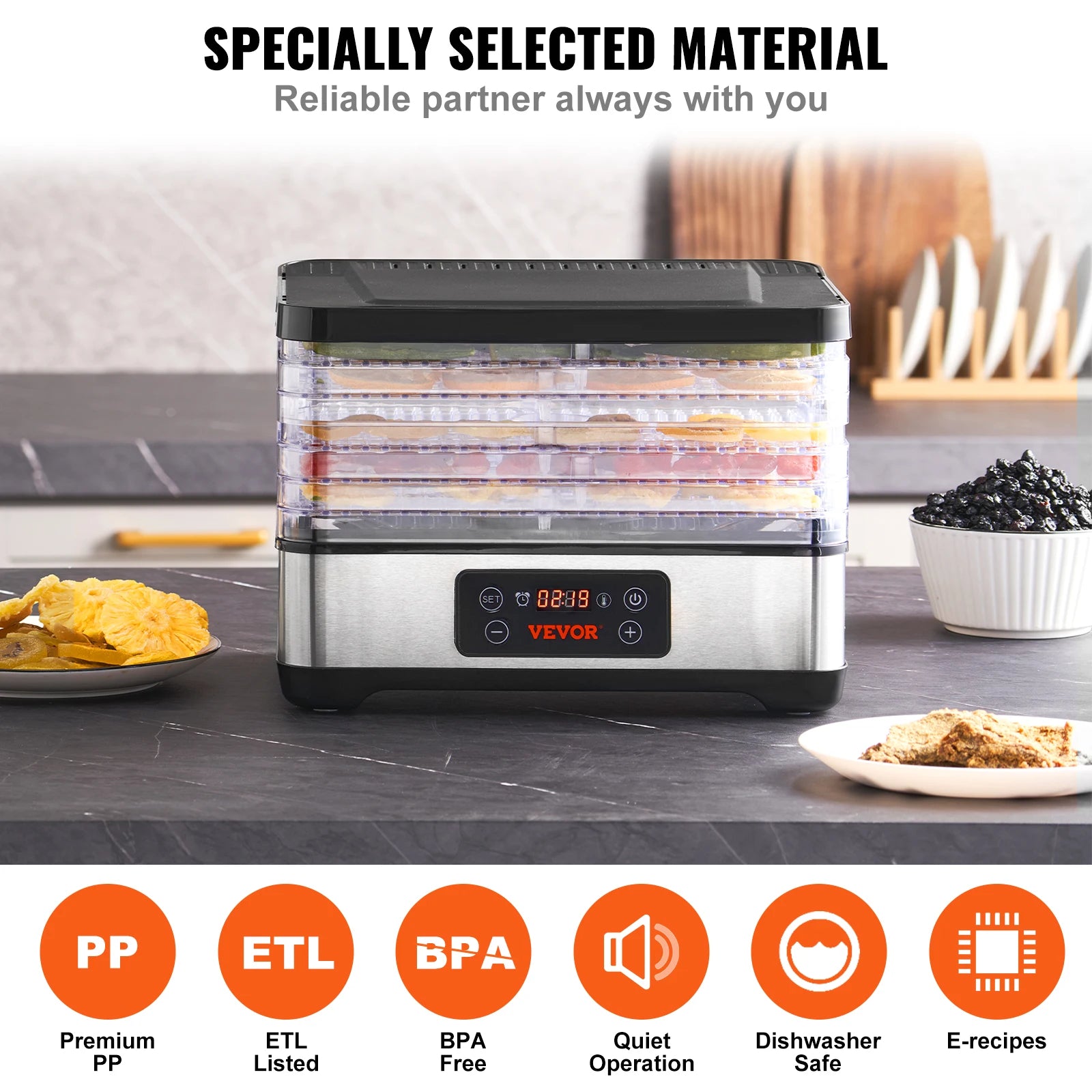 5-Tray Food Dehydrator 300W — Stainless Steel with Digital Timer & Adjustable Temperature