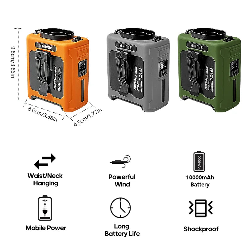 20000mAh Hands-Free Waist Fan – 5-in-1 with Power Bank, Flashlight & 5 Speeds for Outdoor Use