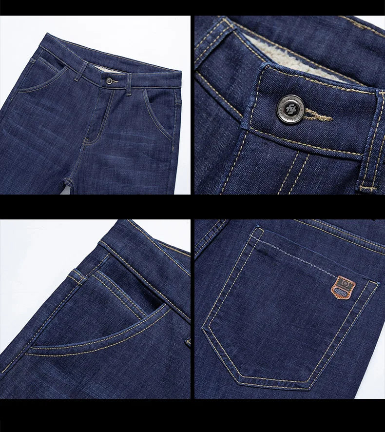 Men's Fleece-Lined Straight Denim Jeans — Warm Thick Winter Stretch Jeans