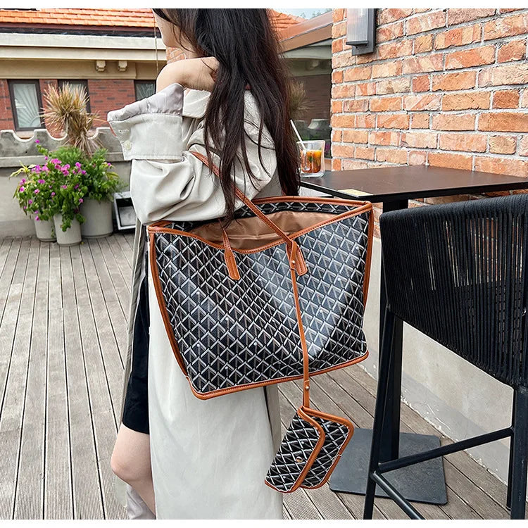 Embroidered Geometric PU Tote Shoulder Bag – Versatile Large Capacity Shopping Class Bag for Women