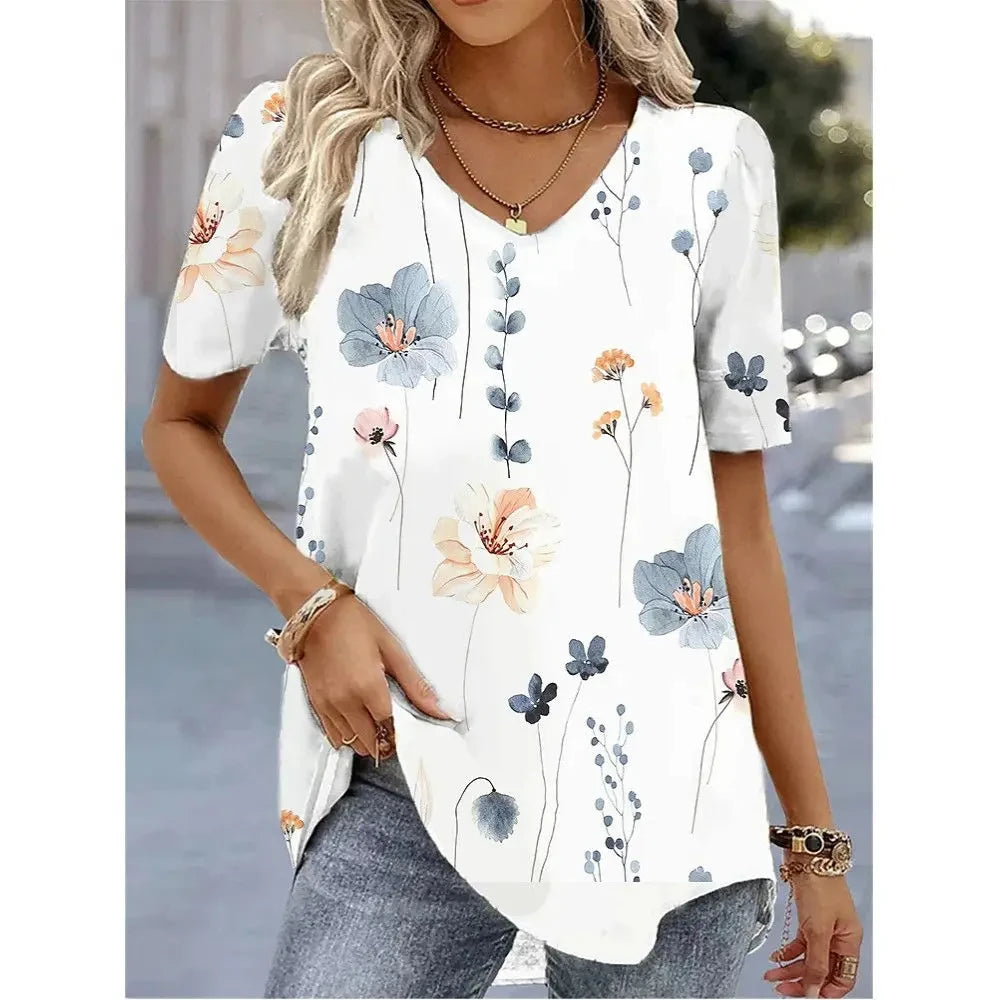 Women's 3D Flower Print V-Neck T-Shirt – Kawaii Oversized Summer Top & Blouse