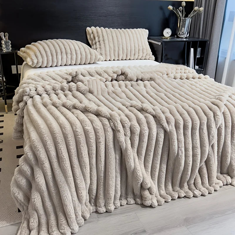 Thickened Wide Stripe Plush Flannel Multifunctional Blanket – Bed Sheet, Sofa & Nap Cover, 7 Colors & 5 Sizes