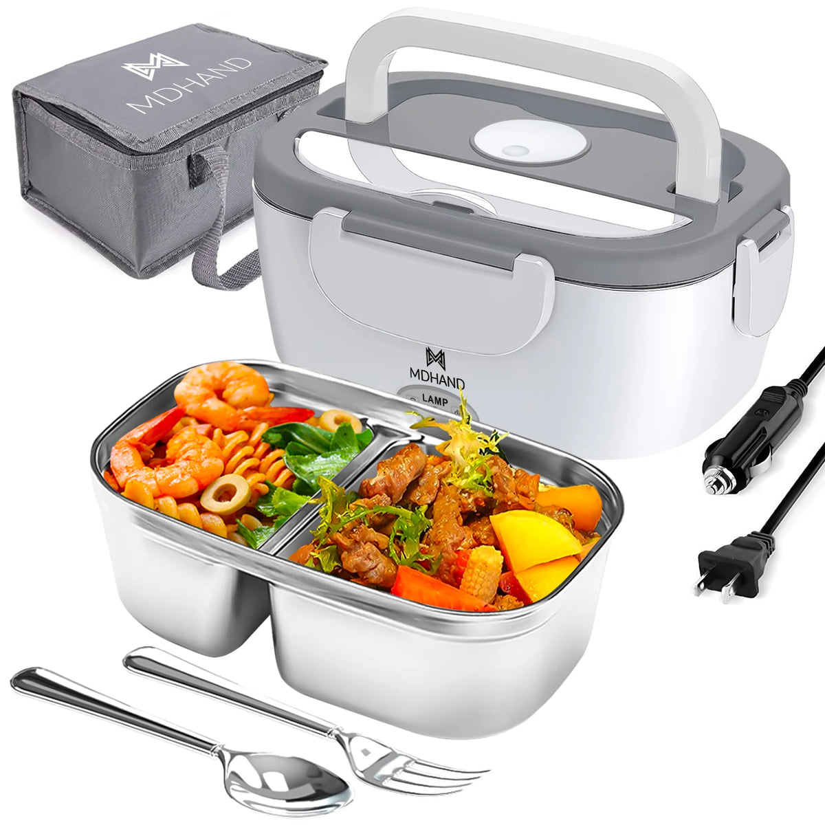 Stainless steel bento box with compartments filled with food, a gray carrying case, and a power adapter on a white background.