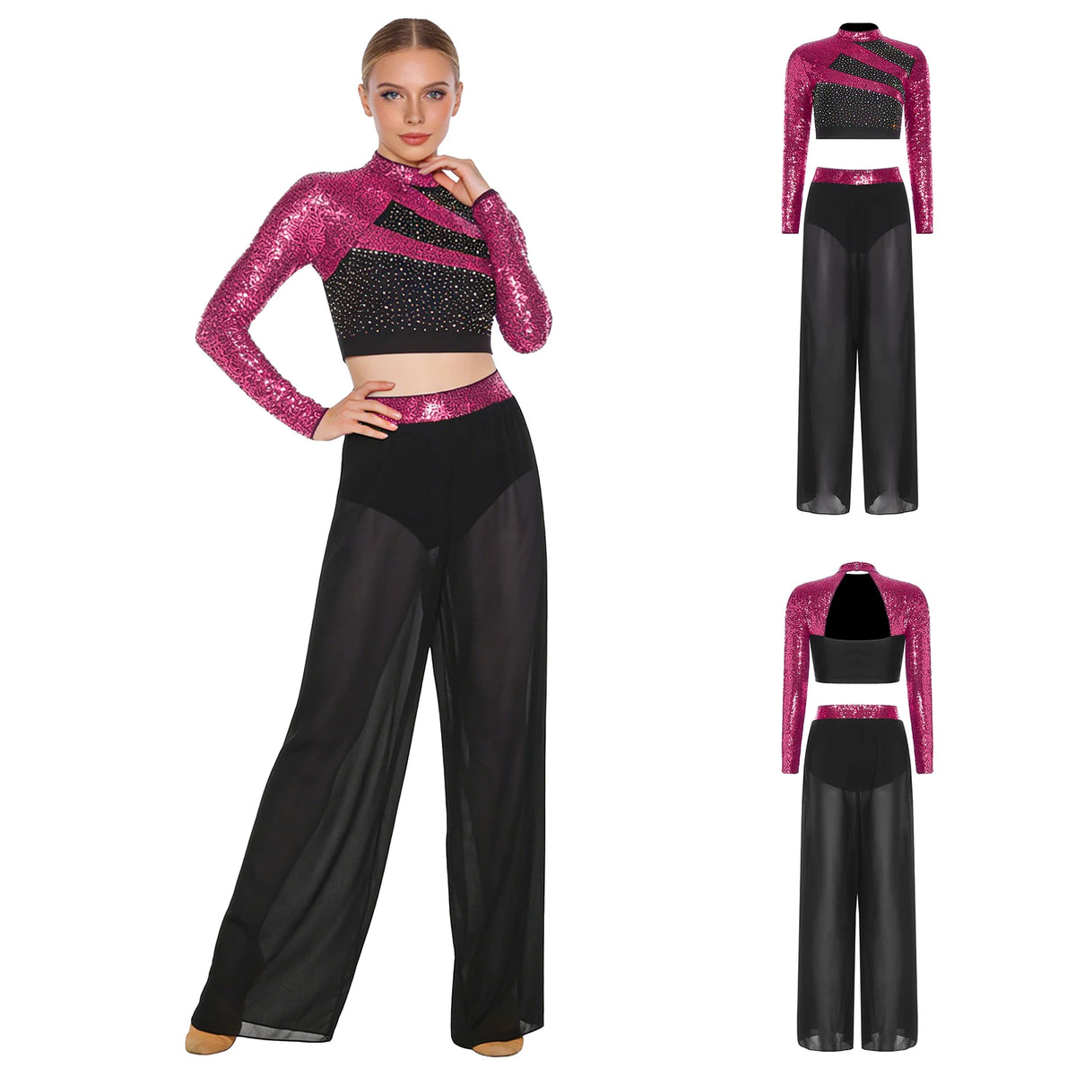 Women's Dance Performance Costume – Shiny Crop Top & Sheer Pants for Skating, Gymnastics & Ballet