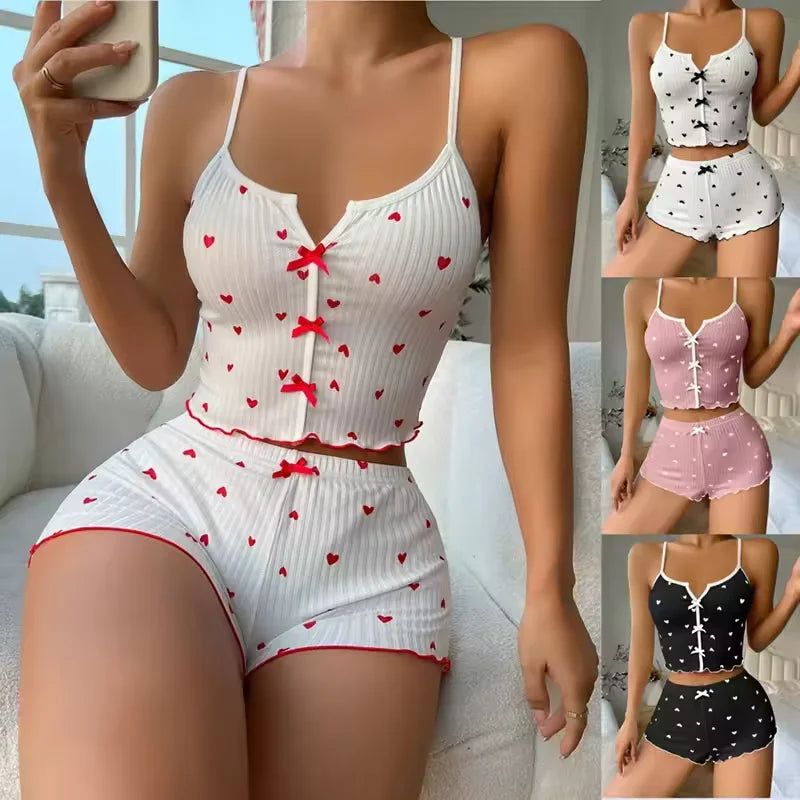Women's Heart Print Frill Trim Cami Top & Shorts Loungewear | Soft Ribbed Pajama Set