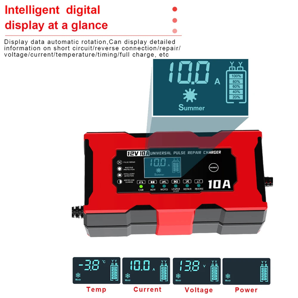 12V 10A Smart Car Battery Charger – LiFePO4 Lead Acid AGM GEL Motorcycle Battery Repair Charger