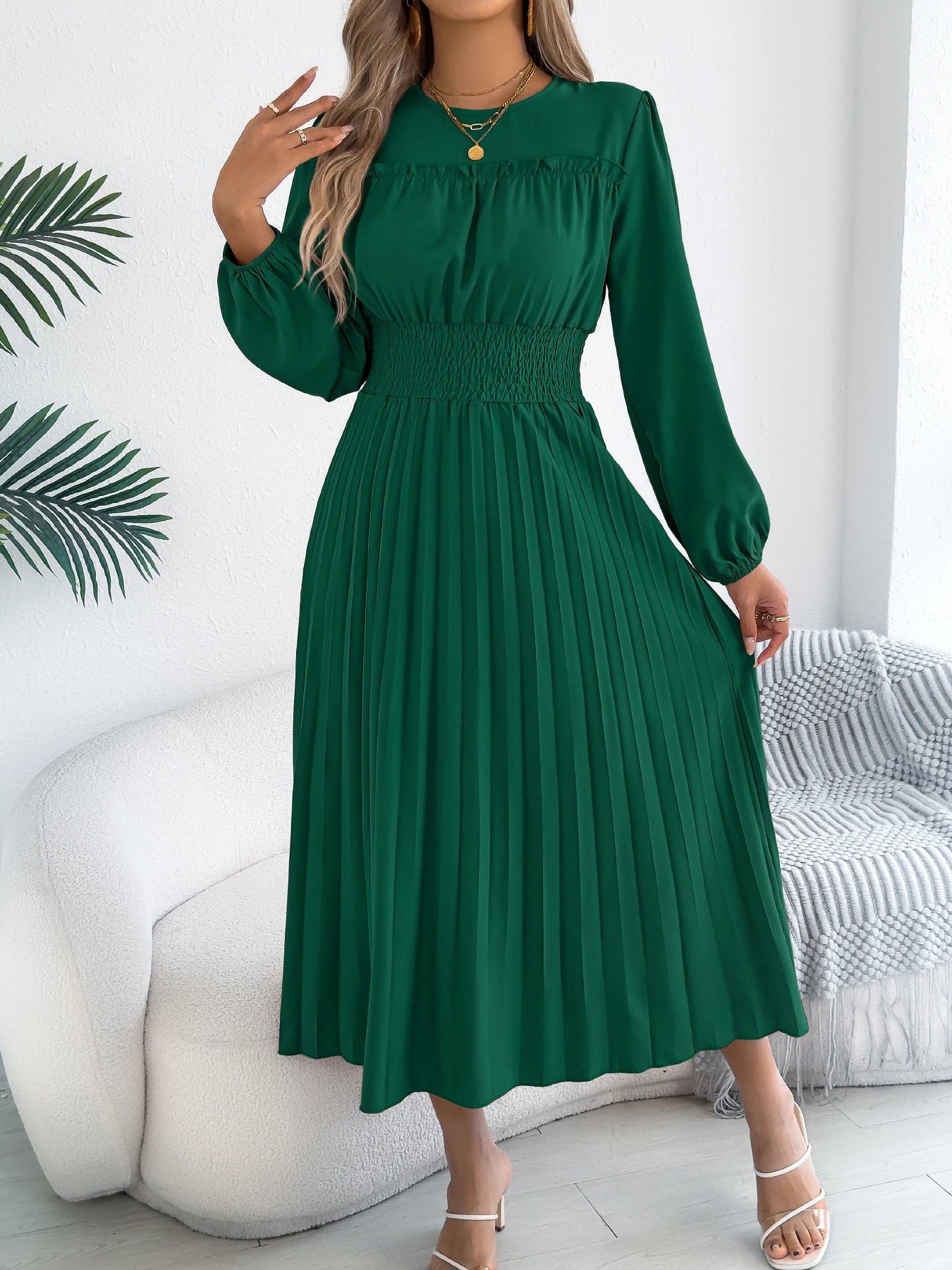 Elegant Dresses Women 2026 Autumn Winter Casual Solid Color High Waist Long Sleeve Maxi Dress Khaki Green Blue Woman Clothing