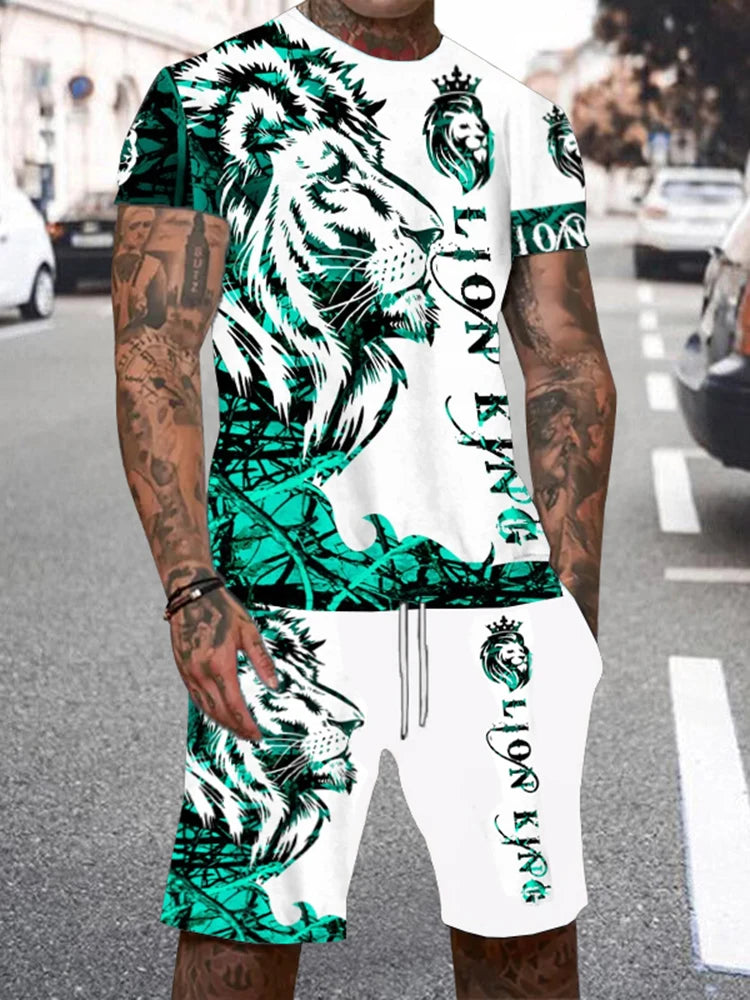 Men's Lion King 3D Print T-Shirt & Drawstring Shorts Set – Casual Outdoor Camping 2-Piece