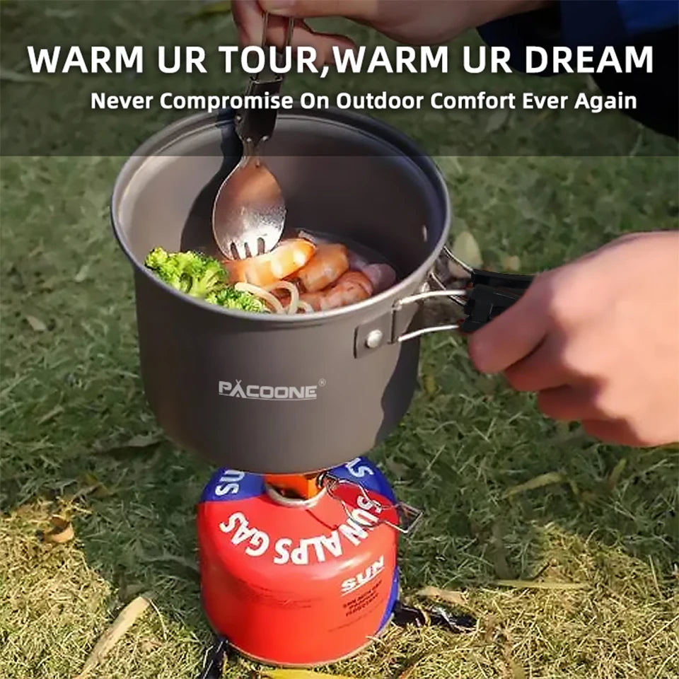 PACOONE Camping Cookware Set — Portable Outdoor Pot, Pan, Kettle & Tableware Kit