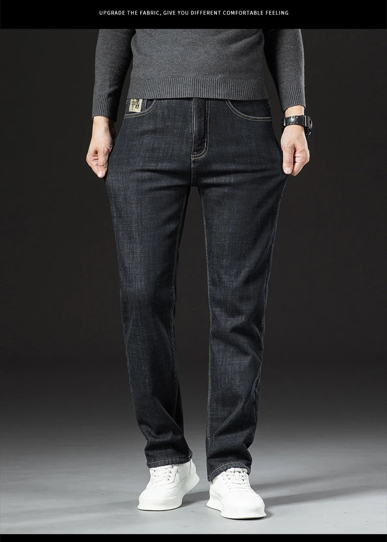 Men's Fleece-Lined Straight Denim Jeans — Warm Thick Winter Stretch Jeans
