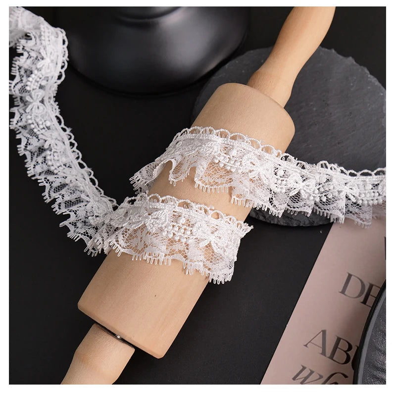 White Lace Ribbon Bow Trim — Embroidered Edge for Dresses, Bridal & DIY Crafts