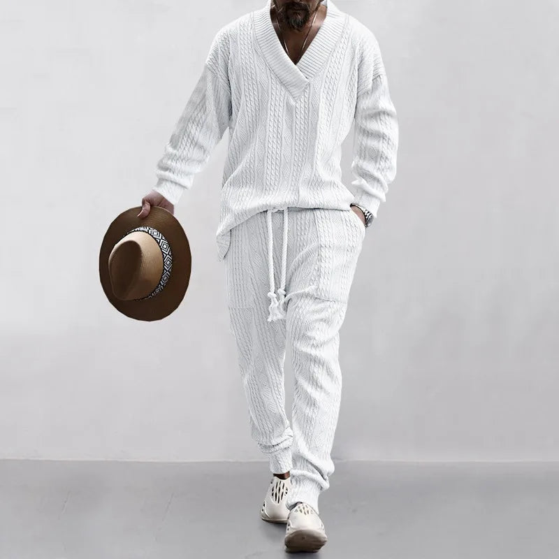 Men's Jacquard Knit Sweater & Casual Trousers Two-Piece Set