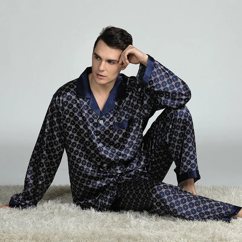 Men's Ice Silk Satin Pajama Set — Long Sleeve Top & Pants Sleepwear