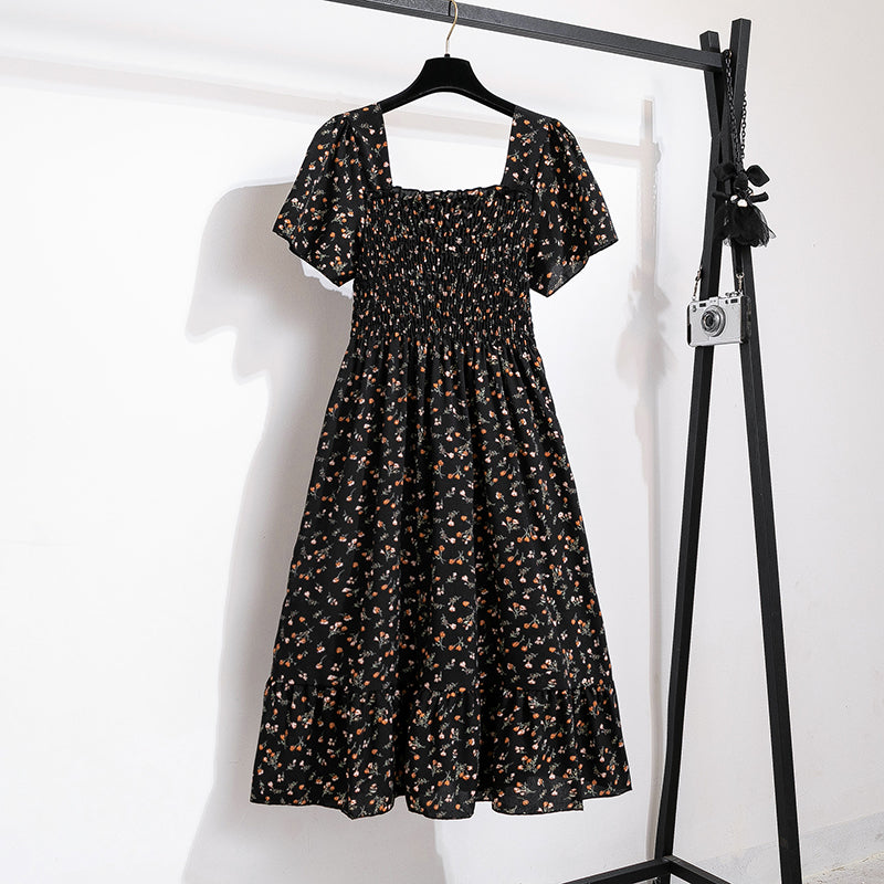 Women's Chiffon Floral Pleated Midi Dress – Short Sleeve Elastic Waist Backless Casual Dress