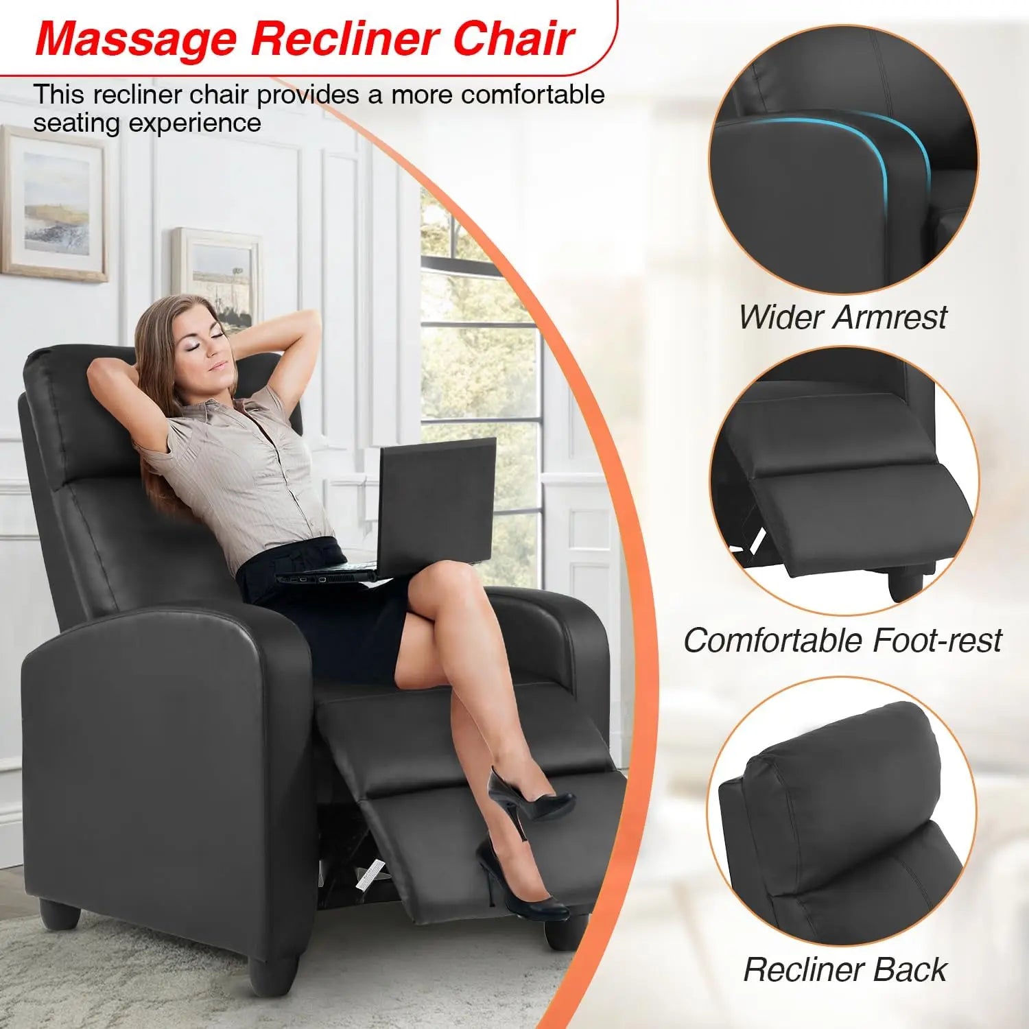 Massage Recliner Sofa with Lumbar Support — Black PU Leather