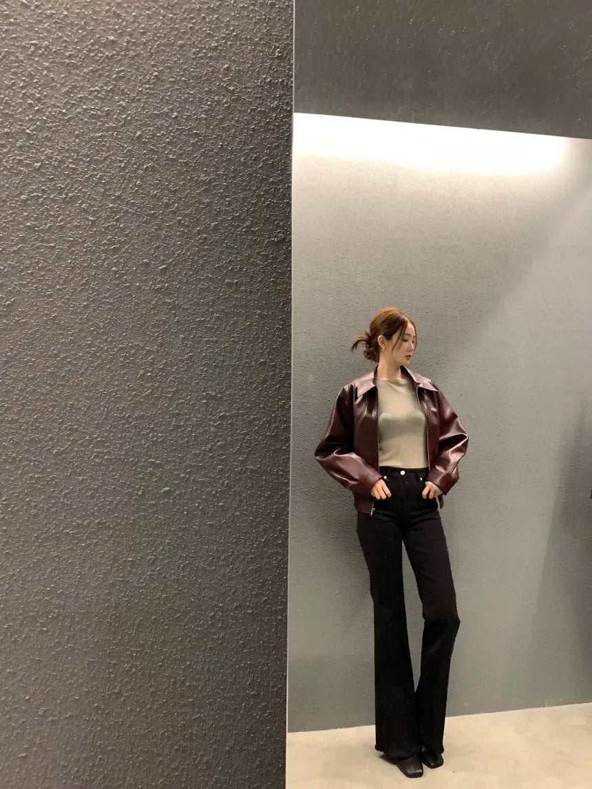 Women's Cropped Faux Leather Jacket – Lapel Zip Front