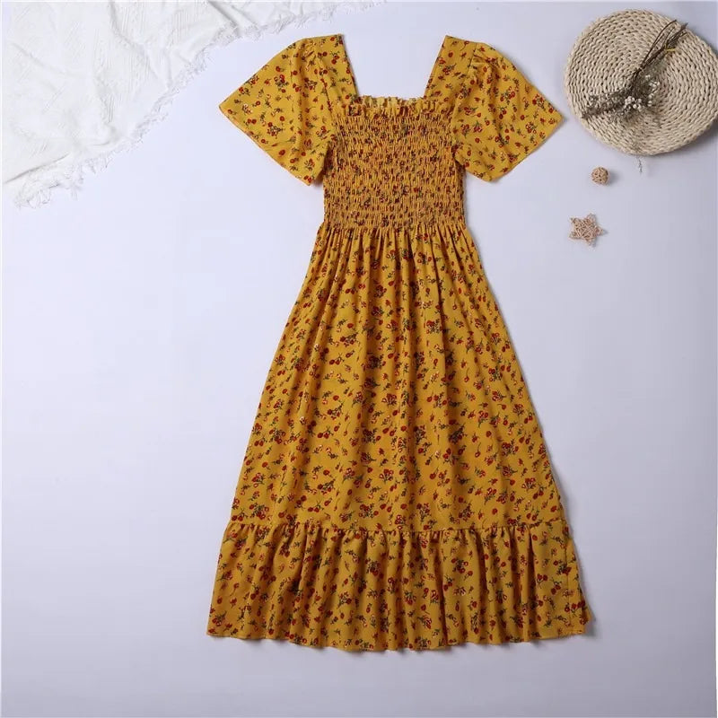 Women's Chiffon Floral Pleated Midi Dress – Short Sleeve Elastic Waist Backless Casual Dress