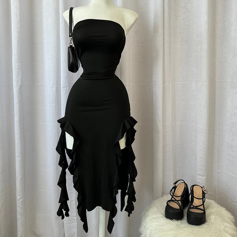 Women's Strapless Floral Fold High Slit Mini Dress – Backless Sleeveless Party Dress in Black & Pink