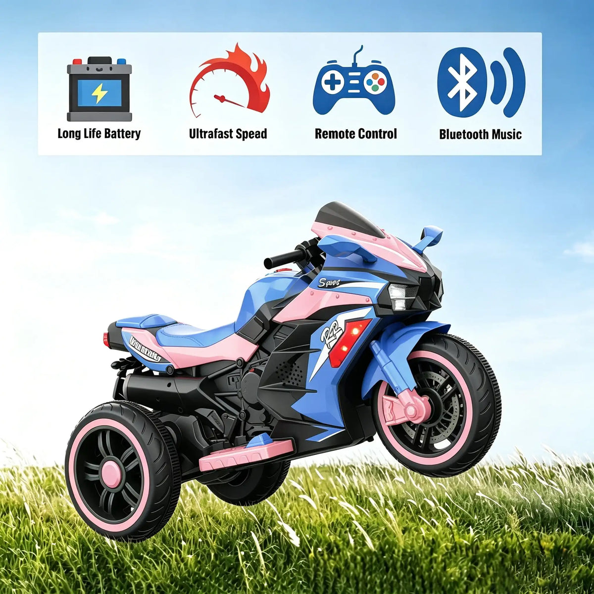 12V Kids Ride-On Motorcycle – Three-Wheel Electric Toy with Remote