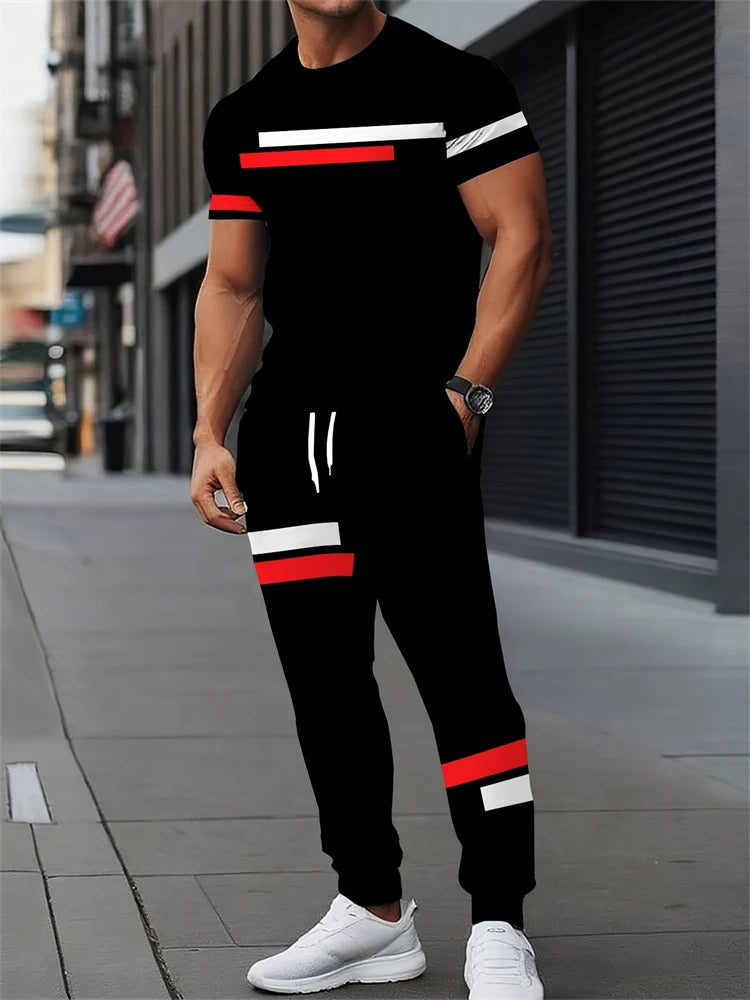 Men's Letter Print Round Neck Short Sleeve & Drawstring Long Pants Plus Size 2-Piece Outfit