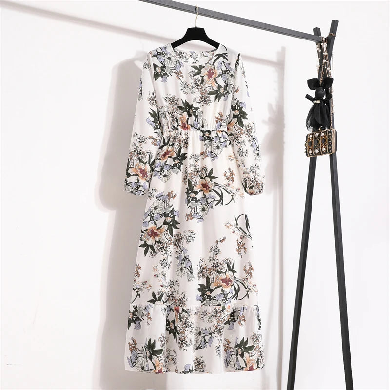 Women Long Dresses Spring Summer Casual Full Sleeve Floral geometry Printed O neck Woman Bohe Beach Party Dress Mujer Vestidos