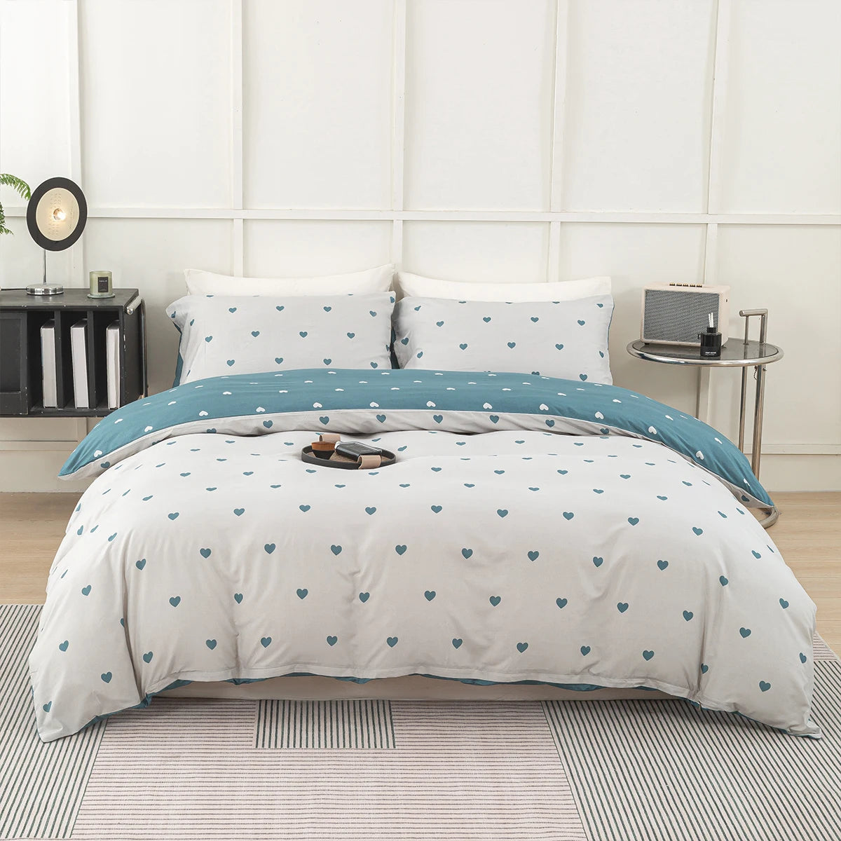Heart Print Duvet Cover Set – Soft 3-Piece Bedding with 2 Pillowcases, 3 Colors & 11 Sizes