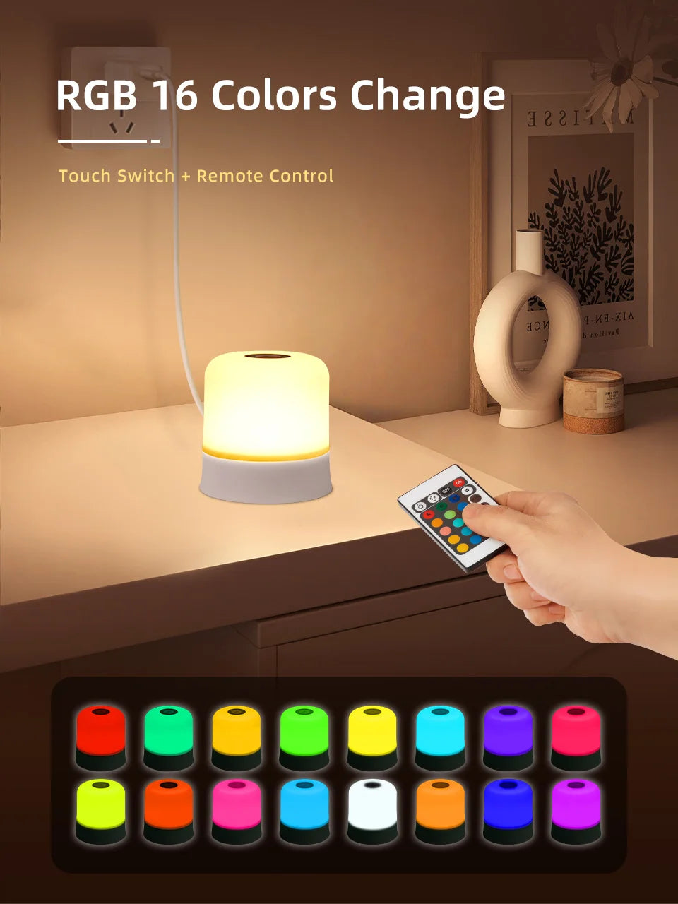 RGB Touch Night Light – Rechargeable Dimmable Table Lamp with Remote for Bedroom & Living Room