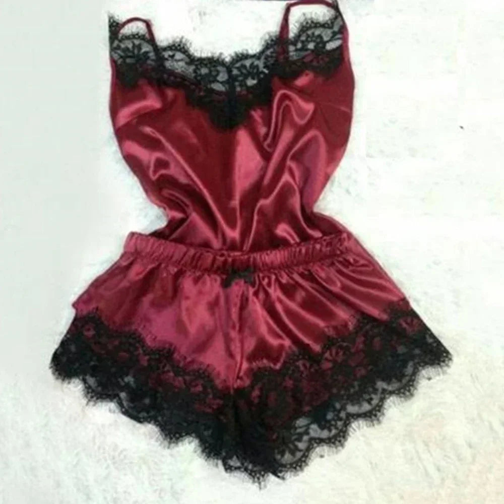 Women's Summer Lace Silk Pajama Set | Cami Top & Shorts Sexy Lingerie Sleepwear