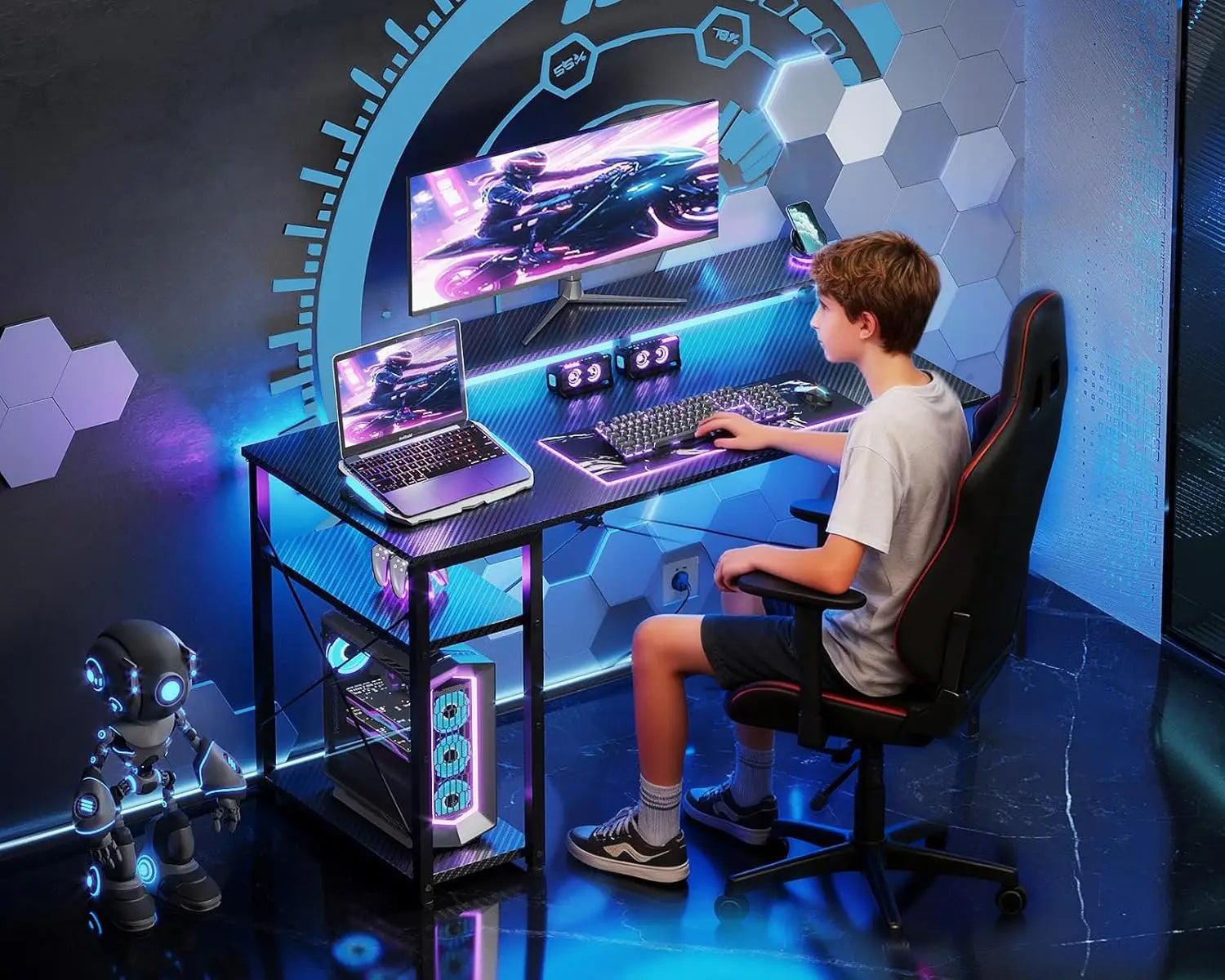 40 Inch Small Gaming Desk with LED Lights & Storage Shelf — Reversible Gamer Desk with Monitor Stand