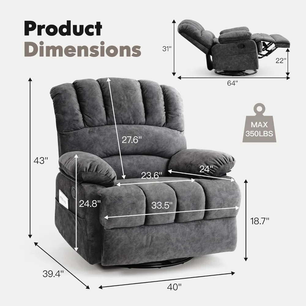 Oversized Swivel Rocker Recliner with 33.5-Inch Seat