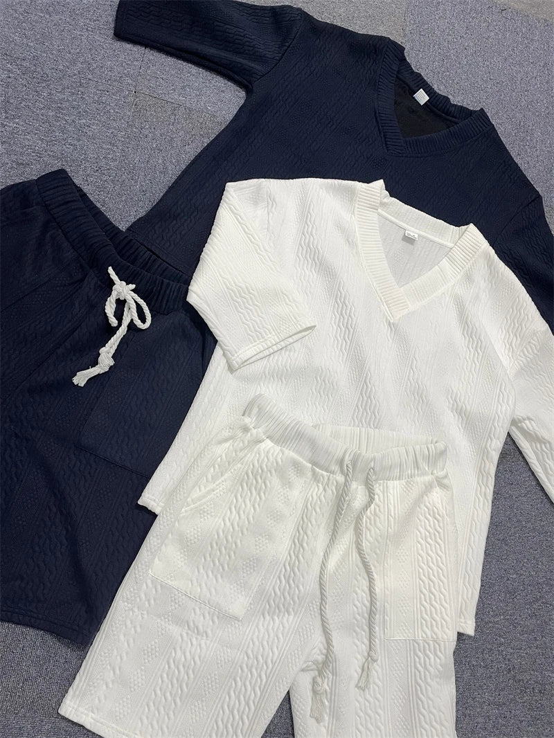 Men's Knitted V-Neck T-Shirt & Shorts Set – Casual Streetwear 2-Piece Outfit