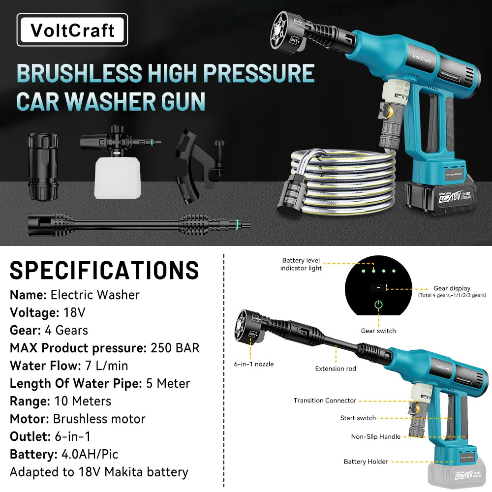 250 Bar Brushless Cordless Pressure Washer – 4 Gears, 6-in-1, Makita 18V Compatible