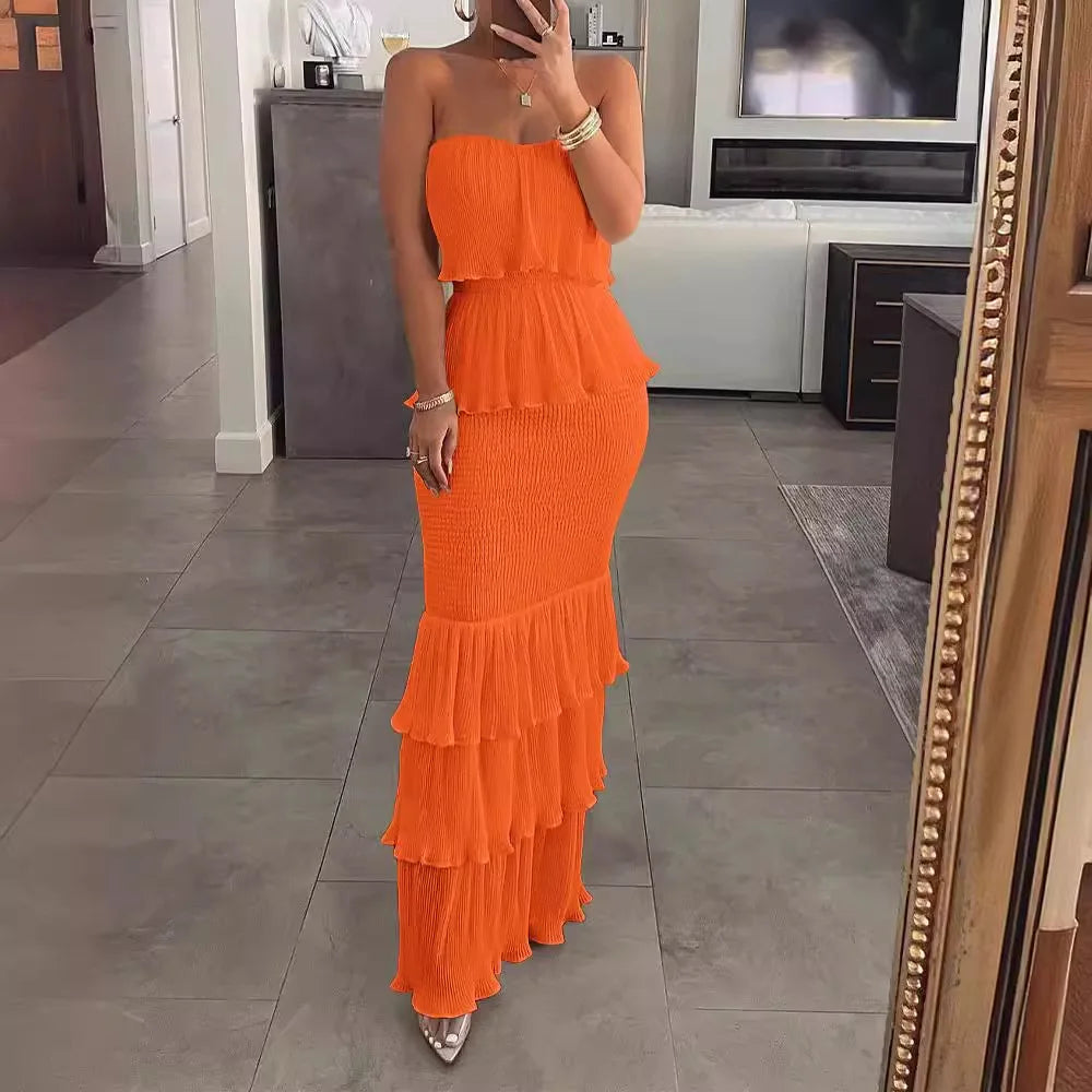 Bandeau Shirred Ruffle Layered Maxi Dress — Slim Fit Sleeveless Elegant Long Dress