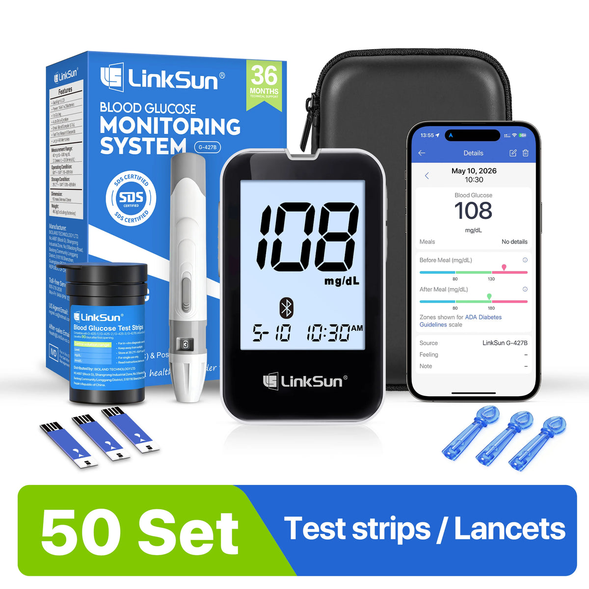 LinkSun G-427B Bluetooth Blood Glucose Meter Kit – Smart App-Connected Glucometer with Large Display & High Accuracy Diabetes Monitoring