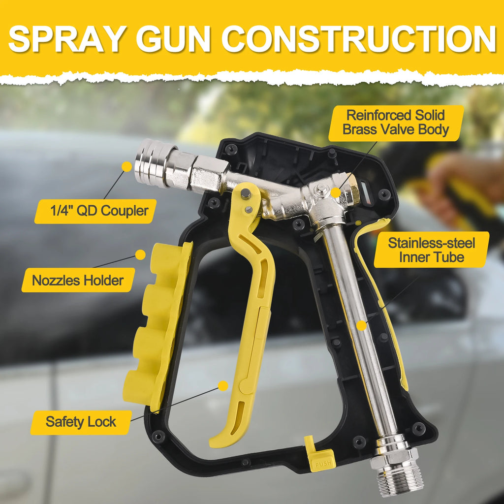 5000PSI Short Pressure Washer Gun – M22-ID14mm Inlet, 1/4" Quick Connector & 4-Slot Nozzle Holder, Foam Cannon Compatible