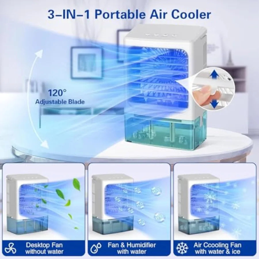Portable air conditioners for car, bedroom, office, desk, RV, room: 3-in-1 mini AC unit with icy mist, 900ML water tank, 3-spee
