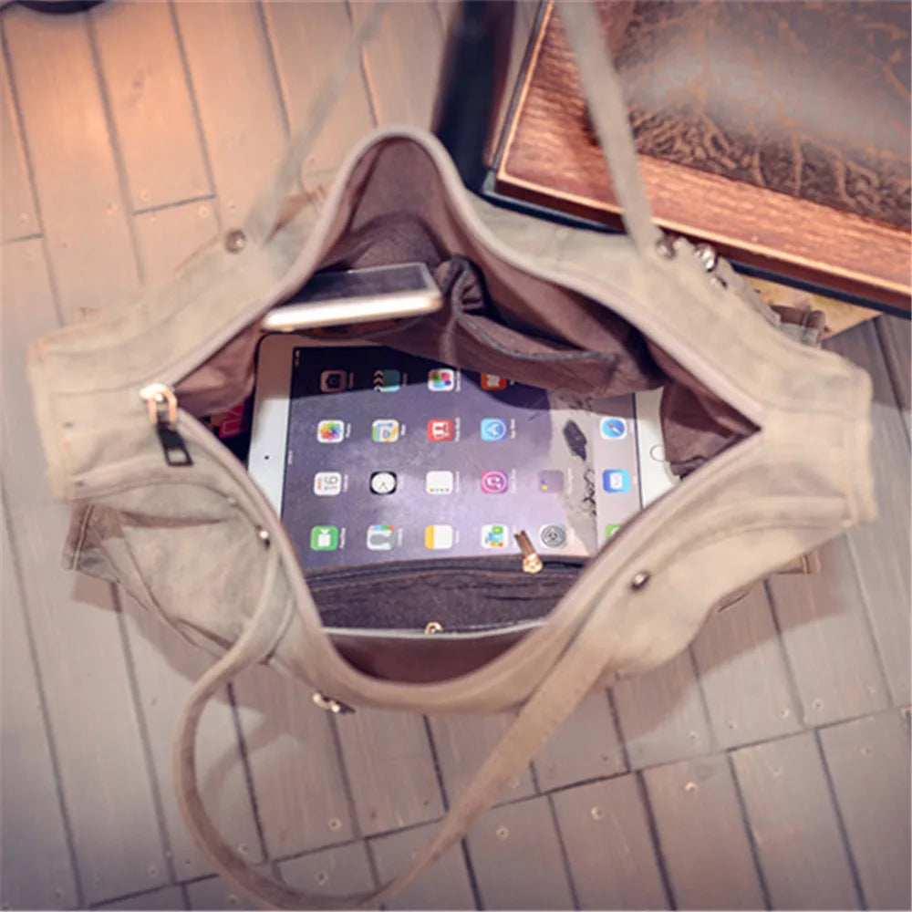 Luxury Matte Faux Suede Large Tote Bag – Vintage Rivet Tassel Handbag for Women